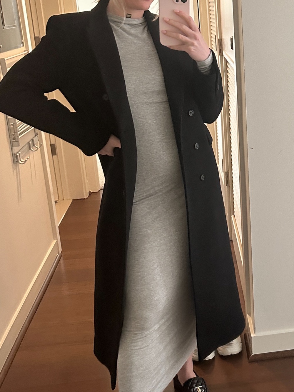 Zara Black Long Double-Breasted Trench Coat